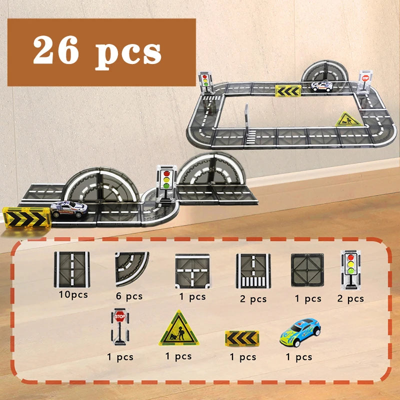 Magnetische Tegels Bouwset met Wegdelen en Auto's (5.5cm)