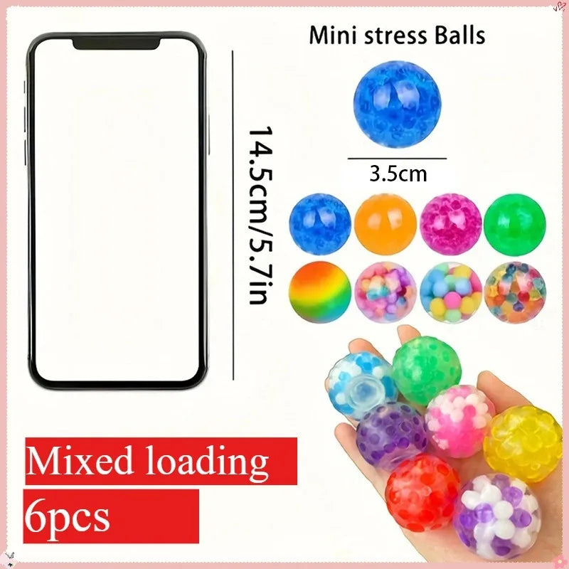 6 Mini Squishy Stressballen – Regenboog Kleuren voor Ontspanning