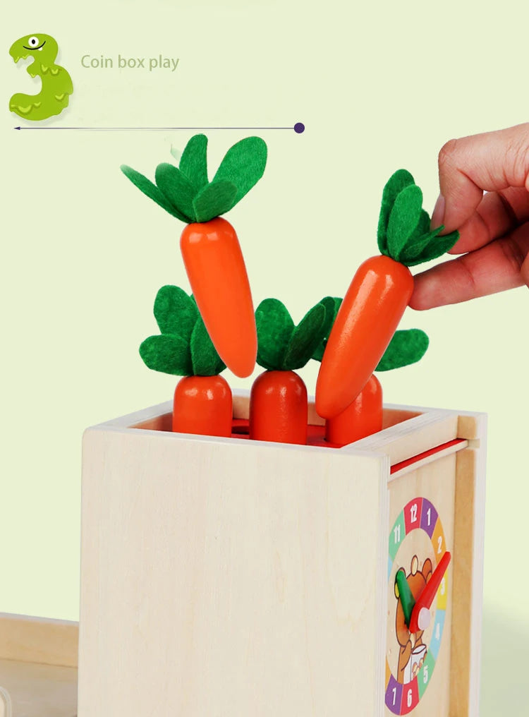 Houten Montessori 6-in-1 Speelbox met Objectpermanentie, Munten en Worteloogst