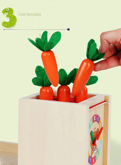 Houten Montessori 6-in-1 Speelbox met Objectpermanentie, Munten en Worteloogst