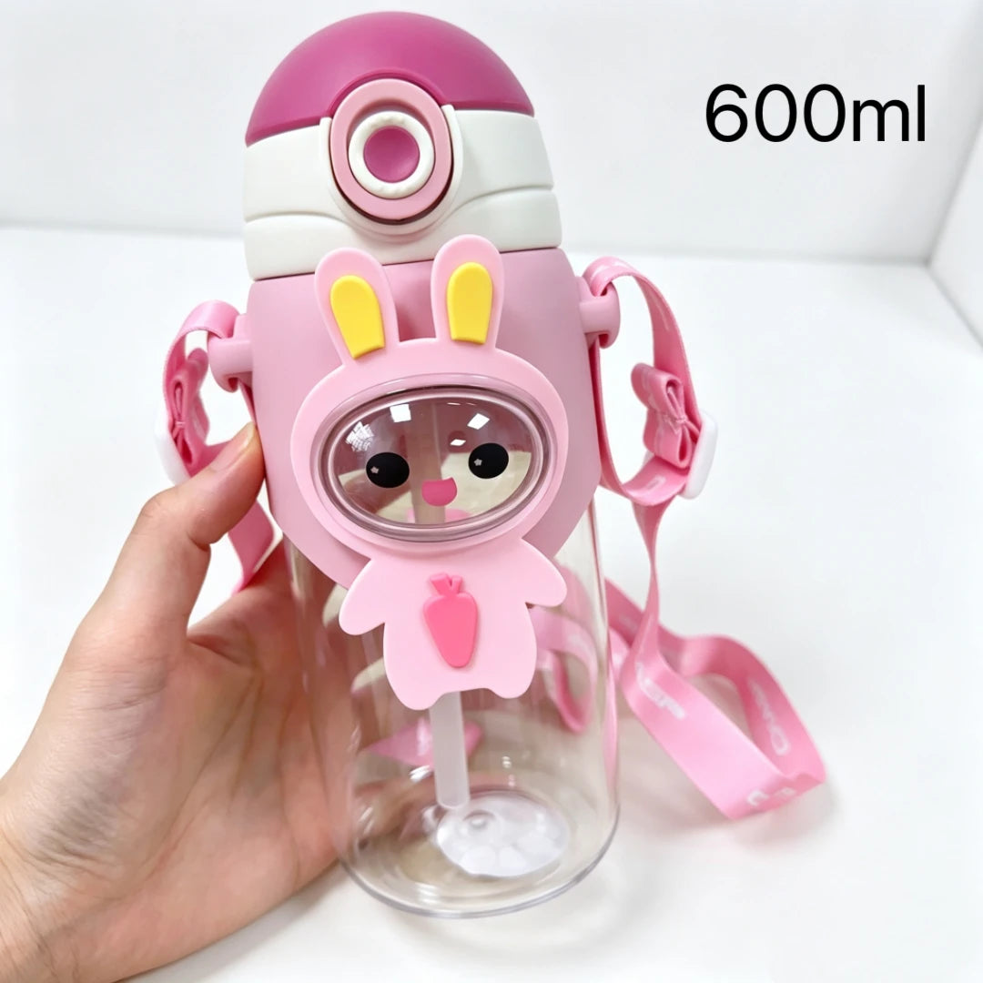 Kinder Drinkfles met Rietje en Dierenprint – 600 ml, Lekvrij, met Draagband