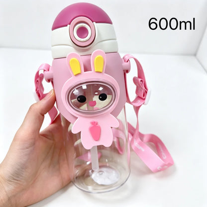 Kinder Drinkfles met Rietje en Dierenprint – 600 ml, Lekvrij, met Draagband
