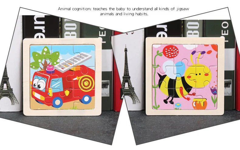 Houten 3D Puzzel met 9 Stukjes – Dieren & Vervoer