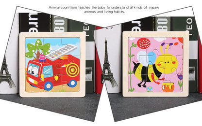Houten 3D Puzzel met 9 Stukjes – Dieren & Vervoer