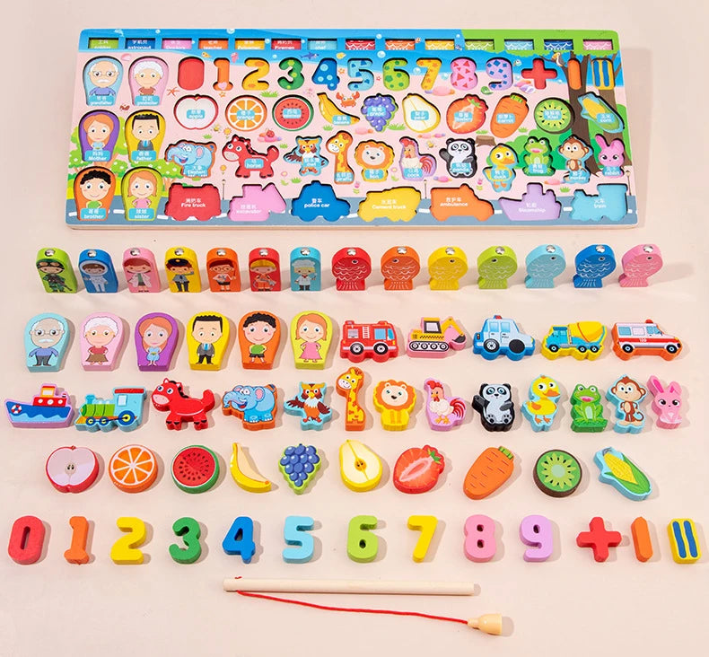 Houten Montessori Bord | Cijfers, Vormen, Tellen & Magnetisch Vissen