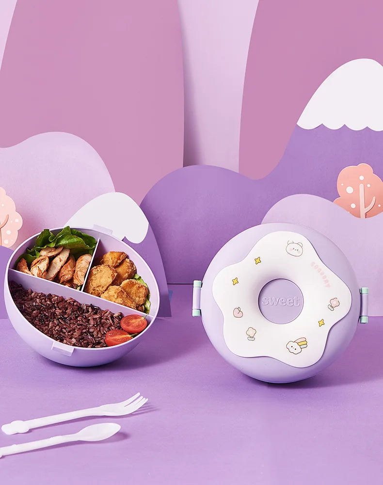 Donut Lunchbox Kind met 3 Vakken en Bestek