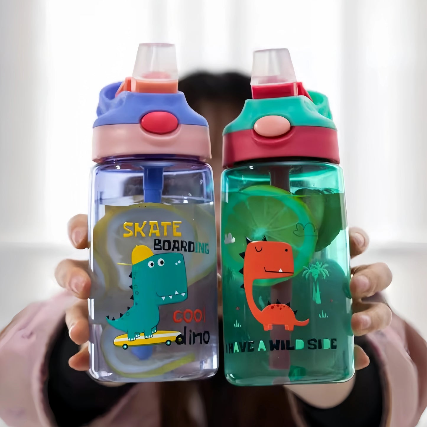 Kinder Drinkfles met Tuitbeker en Rietje – Lekvrij Dino – 480 ml