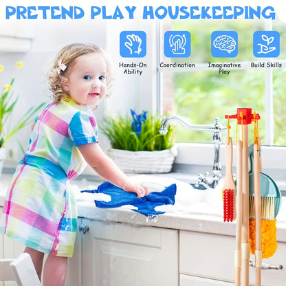 Houten schoonmaakset voor kinderen - 8-delig met bezem en mop