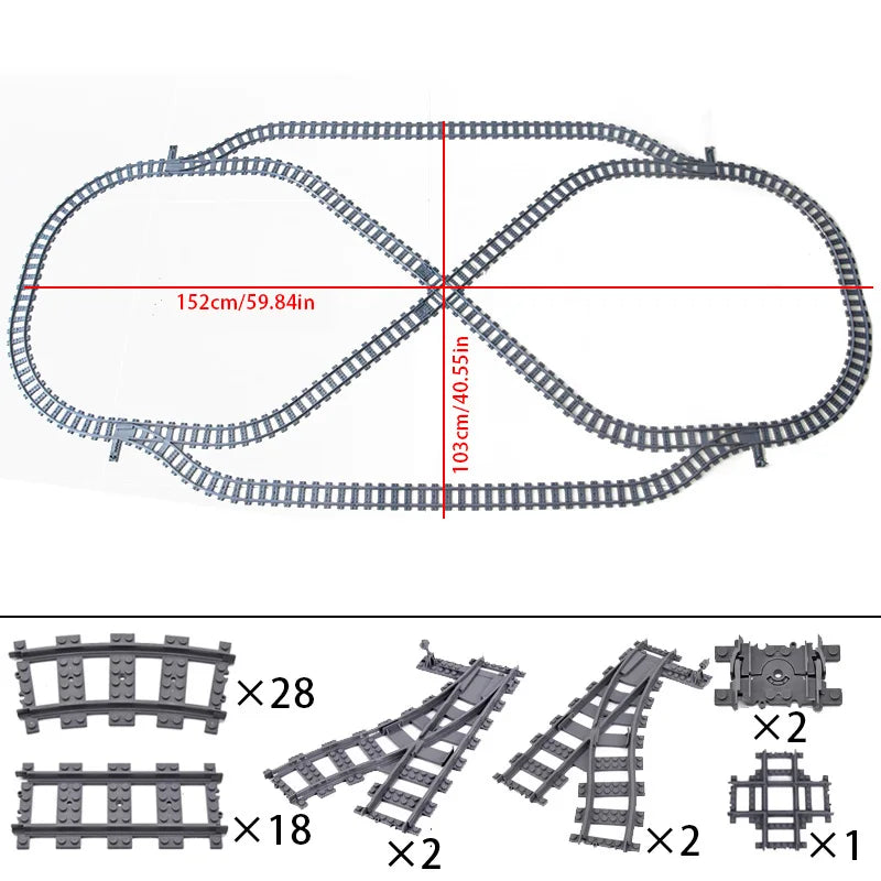 Compatibel LEGO Treinrails Bouwblokken Set met Kruising en Flexibele Sporen