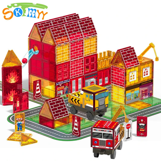 Firefighting Theme Magnetic Tiles with Fire Truck & Station Construction Magnet Tiles Building Toys for Kids STEM Learning Toys