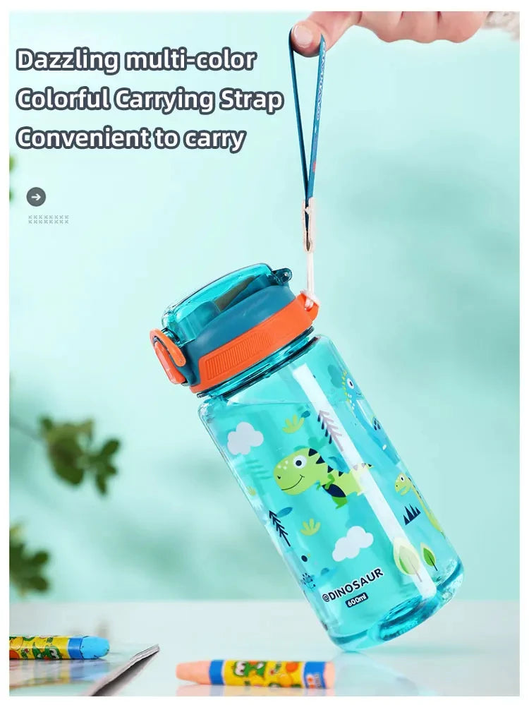 Dinosaurus Drinkfles 600ml met Siliconen Rietje en Draagkoord