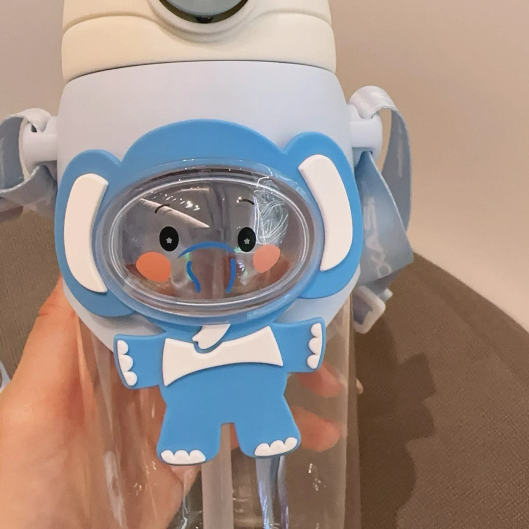 Kinder Drinkfles met Rietje en Dierenprint – 600 ml, Lekvrij, met Draagband