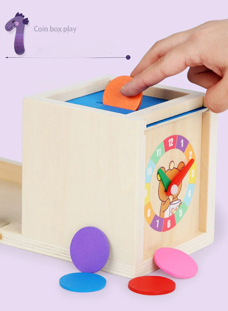 Houten Montessori 6-in-1 Speelbox met Objectpermanentie, Munten en Worteloogst