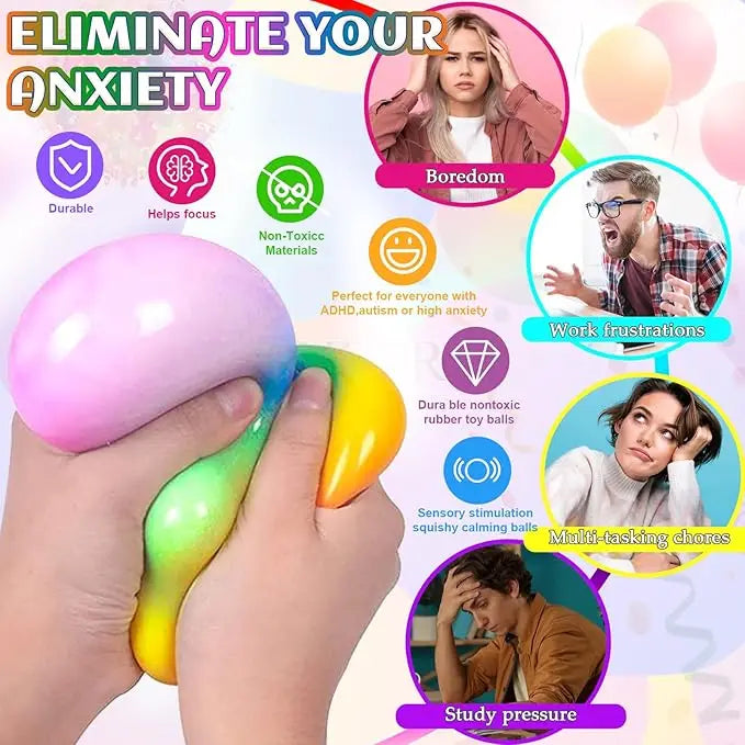 6 Mini Squishy Stressballen – Regenboog Kleuren voor Ontspanning
