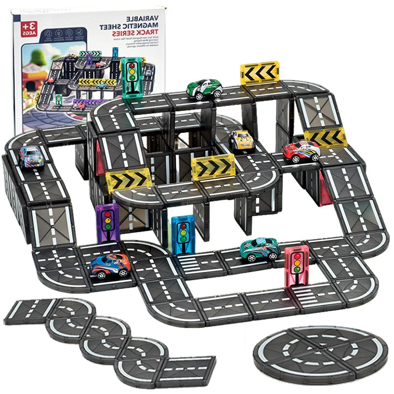 Magnetische Tegels Bouwset met Wegdelen en Auto's (5.5cm)