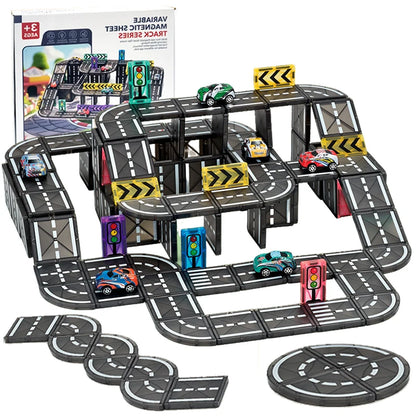 Magnetische Tegels Bouwset met Wegdelen en Auto's (5.5cm)