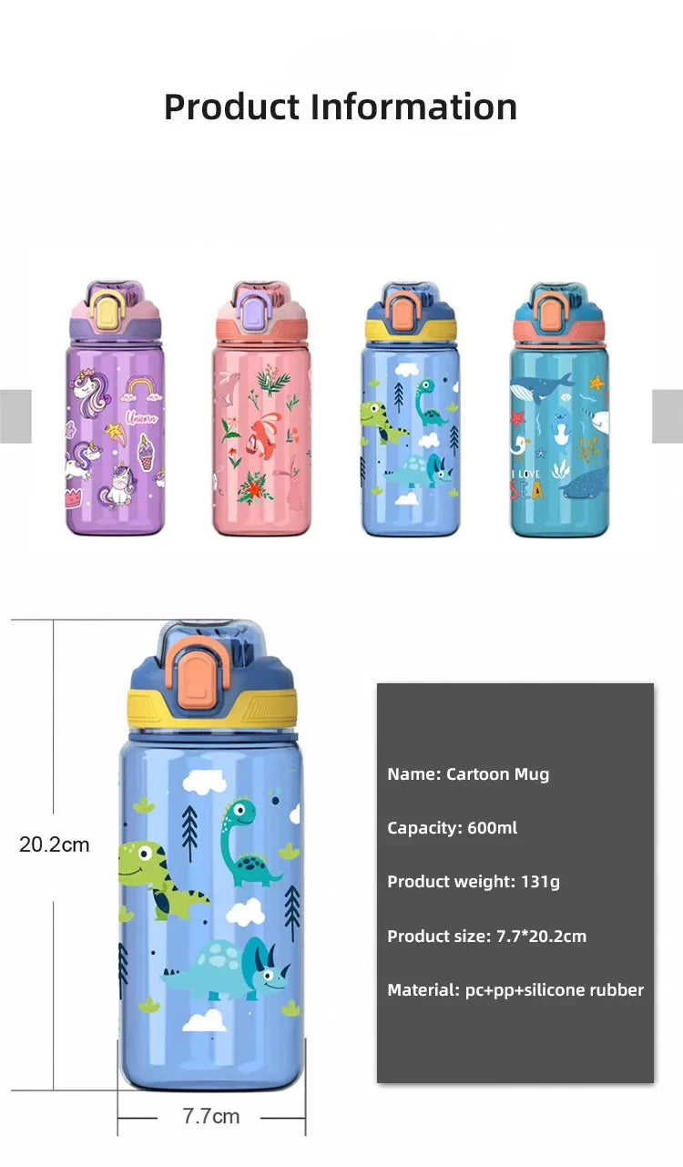 Dinosaurus Drinkfles 600ml met Siliconen Rietje en Draagkoord