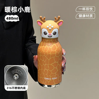 RVS Dieren Thermosfles met Rietje 480ml