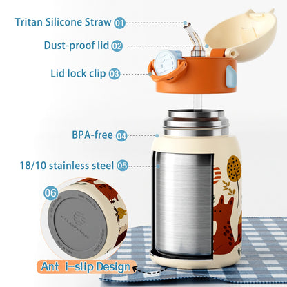 RVS Thermosfles Kind 400ml met Cartoonpatroon en Zakje