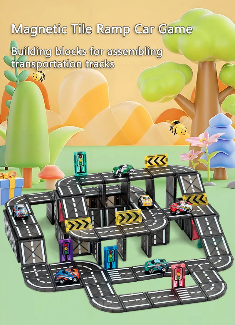 Magnetische Tegels Bouwset met Wegdelen en Auto's (5.5cm)