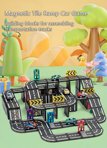 Magnetische Tegels Bouwset met Wegdelen en Auto's (5.5cm)