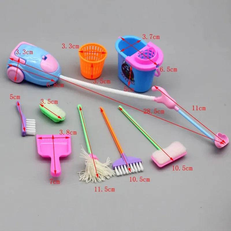 9-delige Mini Schoonmaakset voor Poppenhuis – Bezems, Mop en Emmer