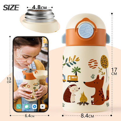 RVS Thermosfles Kind 400ml met Cartoonpatroon en Zakje