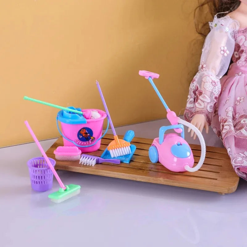 9-delige Mini Schoonmaakset voor Poppenhuis – Bezems, Mop en Emmer