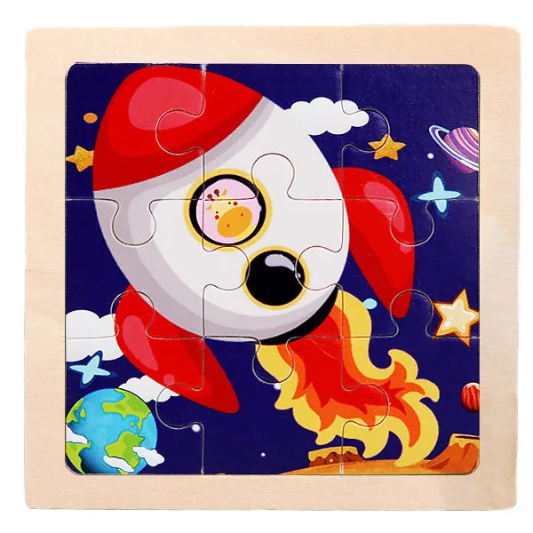 Houten 3D Puzzel met 9 Stukjes – Dieren & Vervoer