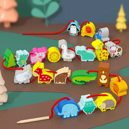 Houten Rijgkralen Set voor Kinderen - 42 Stuks Dieren en Fruit
