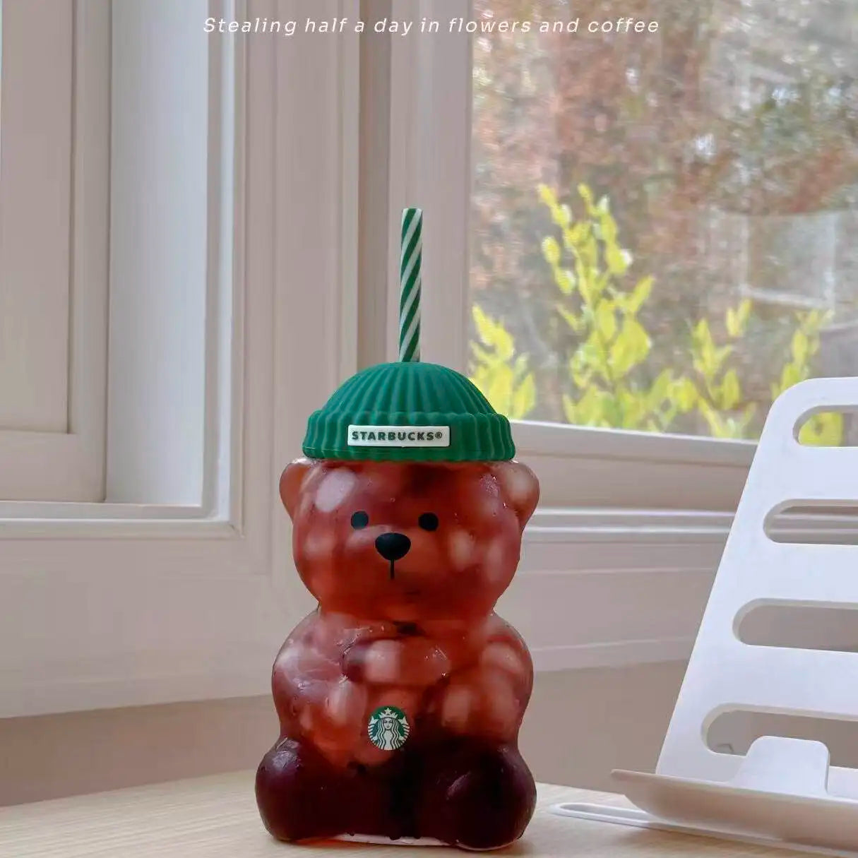 Starbucks Bearista Bear Glazen Drinkbeker – 591ml met Groene Deksel en Rietje