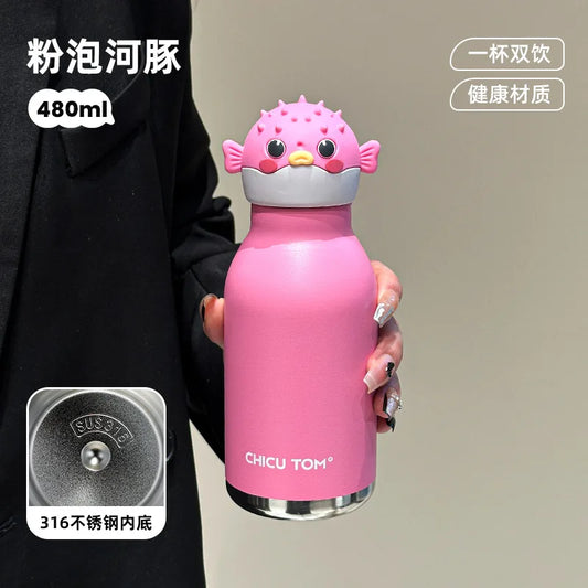 RVS Dieren Thermosfles met Rietje 480ml