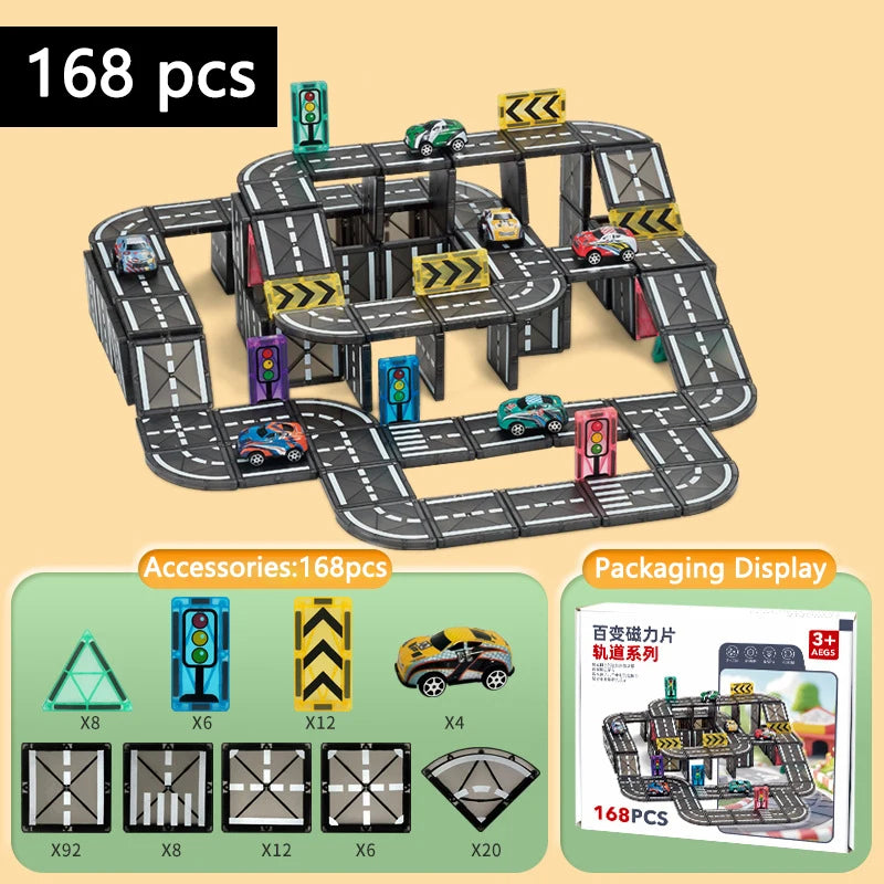 Magnetische Tegels Bouwset met Wegdelen en Auto's (5.5cm)