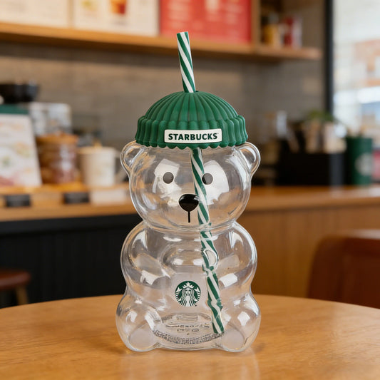 Starbucks Bearista Bear Glazen Drinkbeker – 591ml met Groene Deksel en Rietje