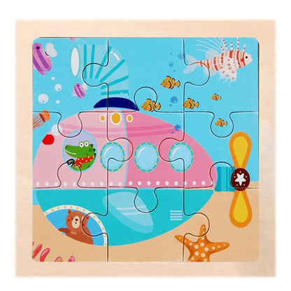 Houten 3D Puzzel met 9 Stukjes – Dieren & Vervoer