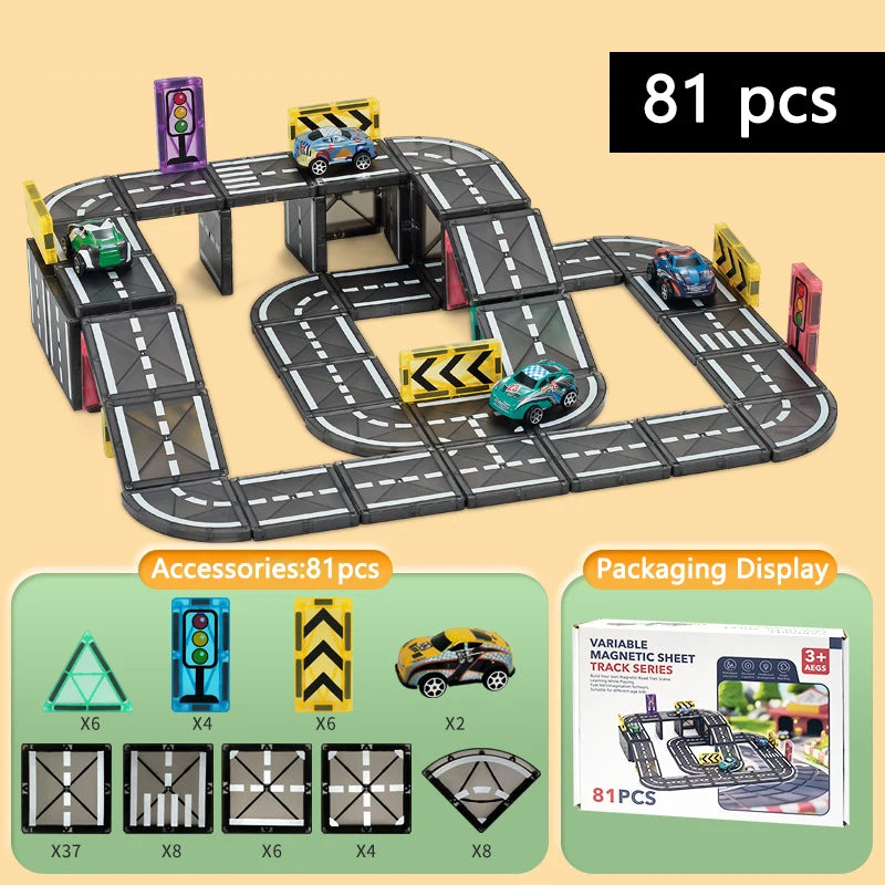 Magnetische Tegels Bouwset met Wegdelen en Auto's (5.5cm)