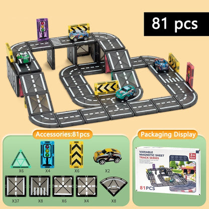 Magnetische Tegels Bouwset met Wegdelen en Auto's (5.5cm)