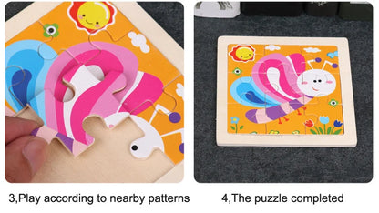 Houten 3D Puzzel met 9 Stukjes – Dieren & Vervoer