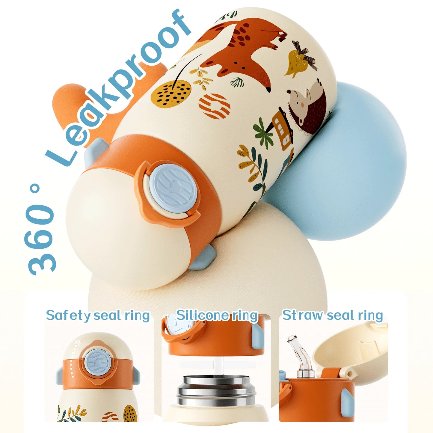 RVS Thermosfles Kind 400ml met Cartoonpatroon en Zakje