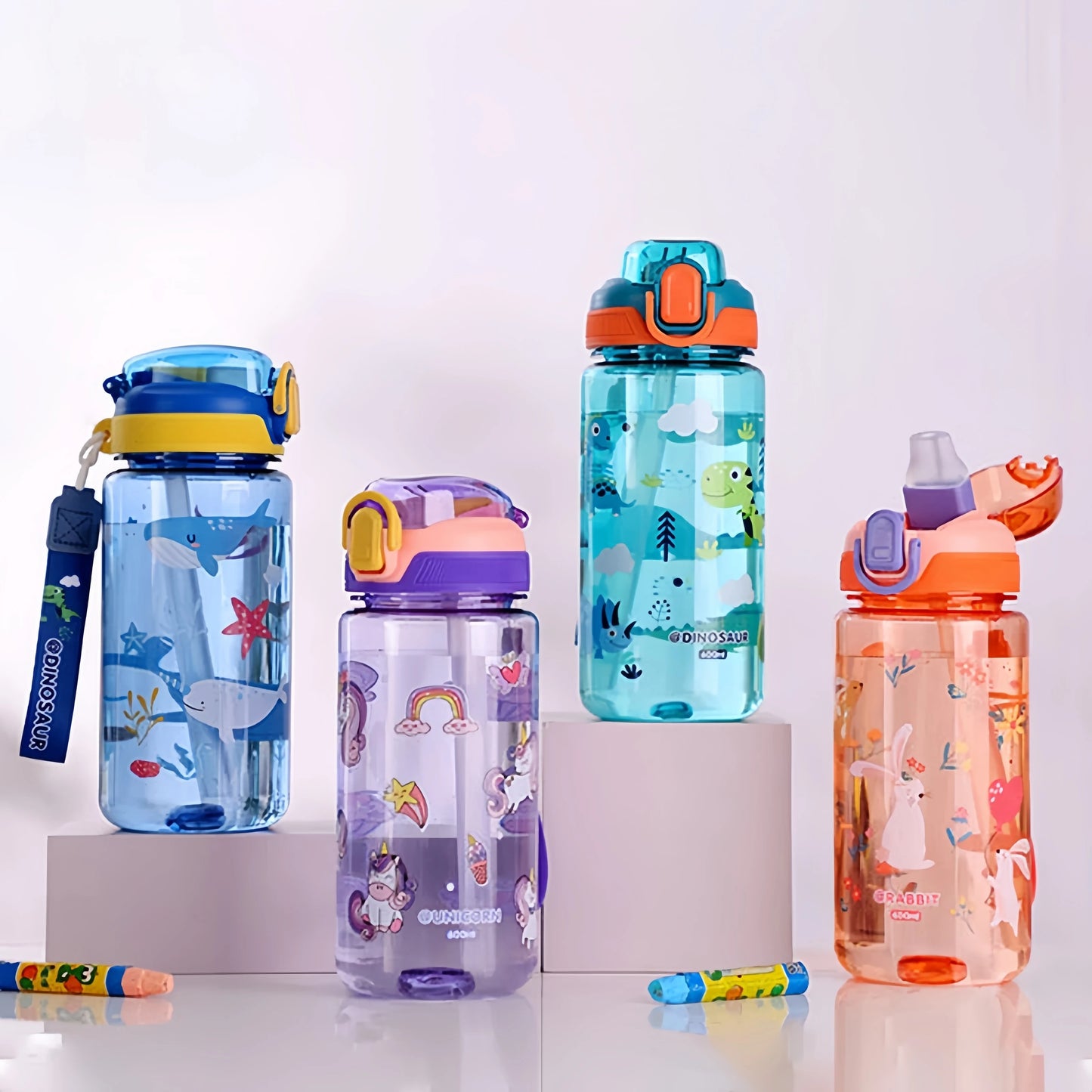 Dinosaurus Drinkfles 600ml met Siliconen Rietje en Draagkoord