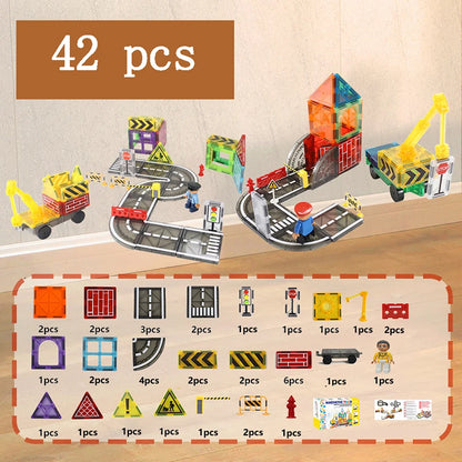 Magnetische Tegels Bouwset met Wegdelen en Auto's (5.5cm)