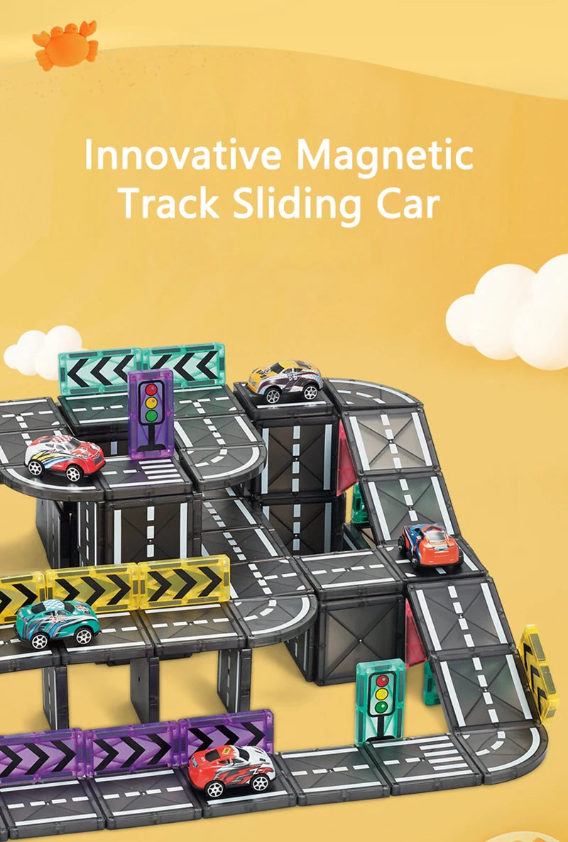Magnetische Tegels Bouwset met Wegdelen en Auto's (5.5cm)