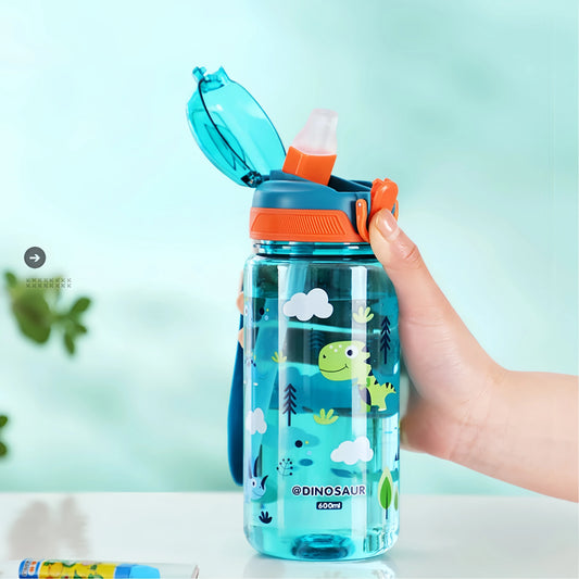 Dinosaurus Drinkfles 600ml met Siliconen Rietje en Draagkoord
