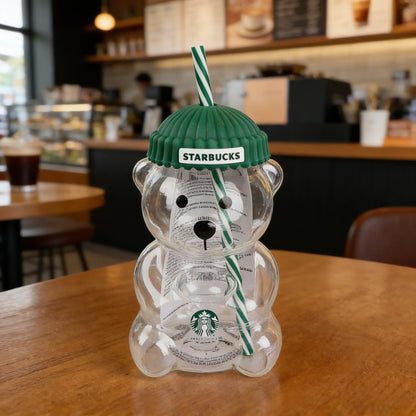 Starbucks Bearista Bear Glazen Drinkbeker – 591ml met Groene Deksel en Rietje