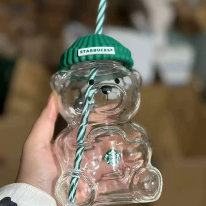 Starbucks Bearista Bear Glazen Drinkbeker – 591ml met Groene Deksel en Rietje