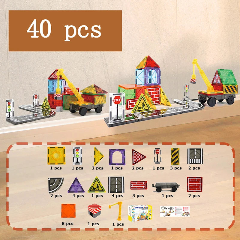 Magnetische Tegels Bouwset met Wegdelen en Auto's (5.5cm)
