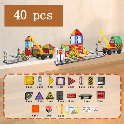 Magnetische Tegels Bouwset met Wegdelen en Auto's (5.5cm)