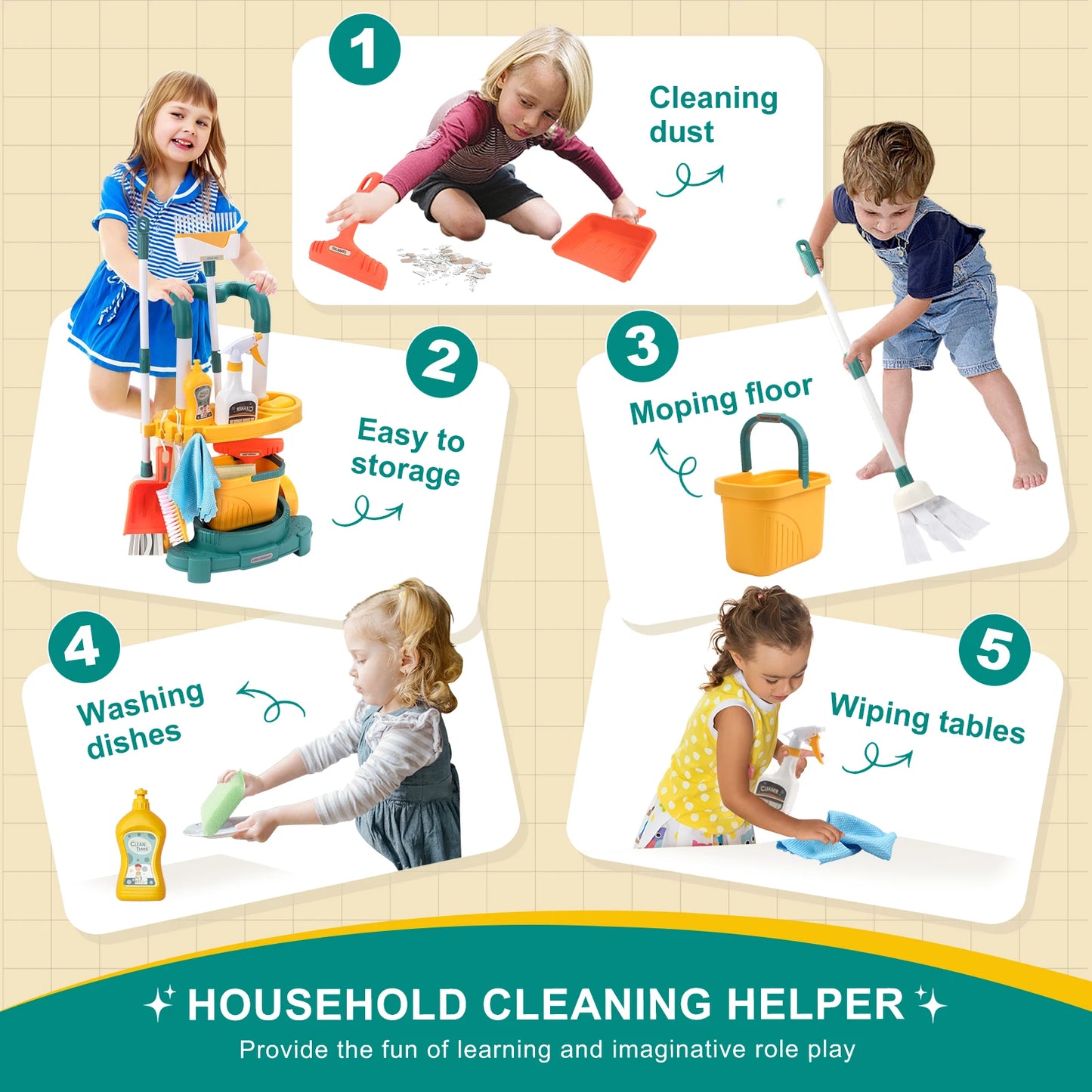 Kinder Schoonmaakset met Bezem, Stoffer en Emmer - 12-delig