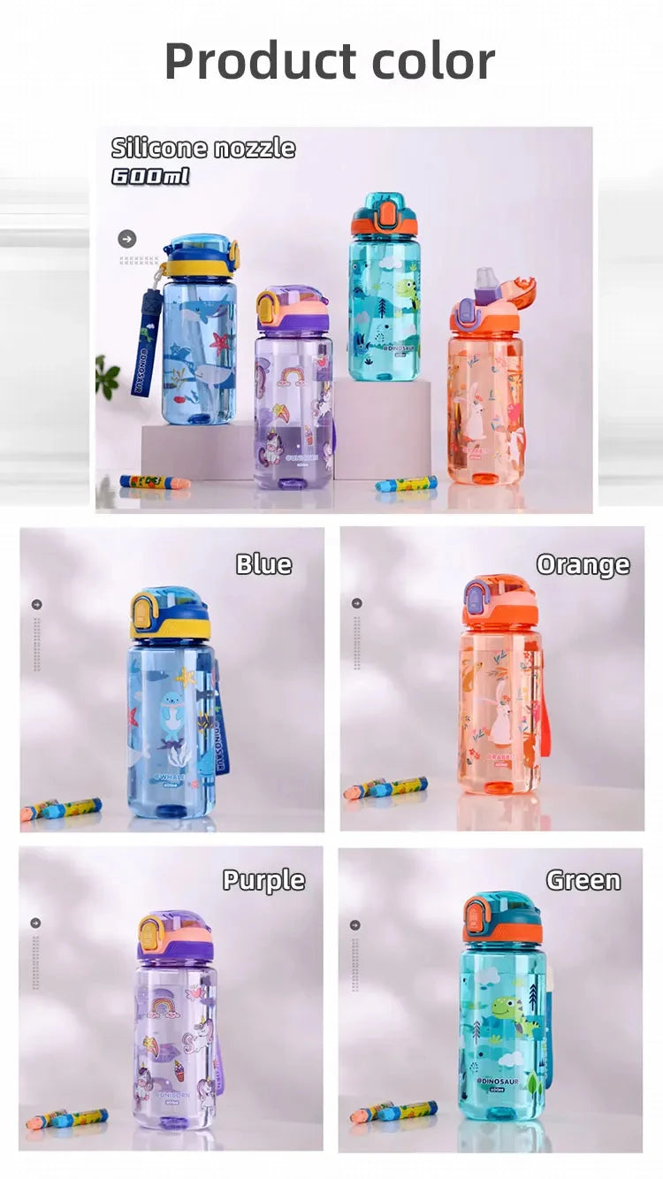 Dinosaurus Drinkfles 600ml met Siliconen Rietje en Draagkoord
