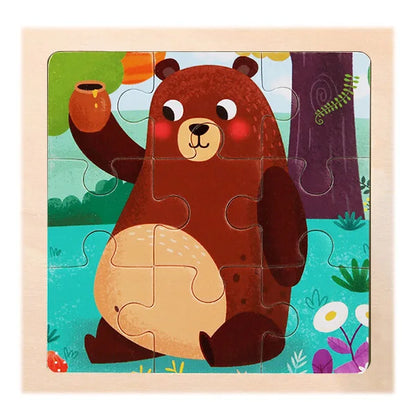 Houten 3D Puzzel met 9 Stukjes – Dieren & Vervoer